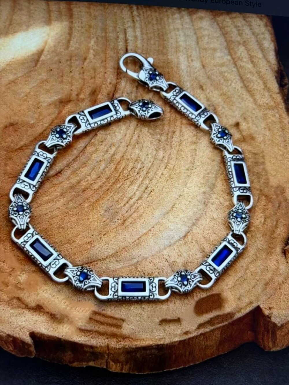 NEW! Retro Tangcao Pattern Blue Square Accent ~Trendy European Style Bangle ~ 8"